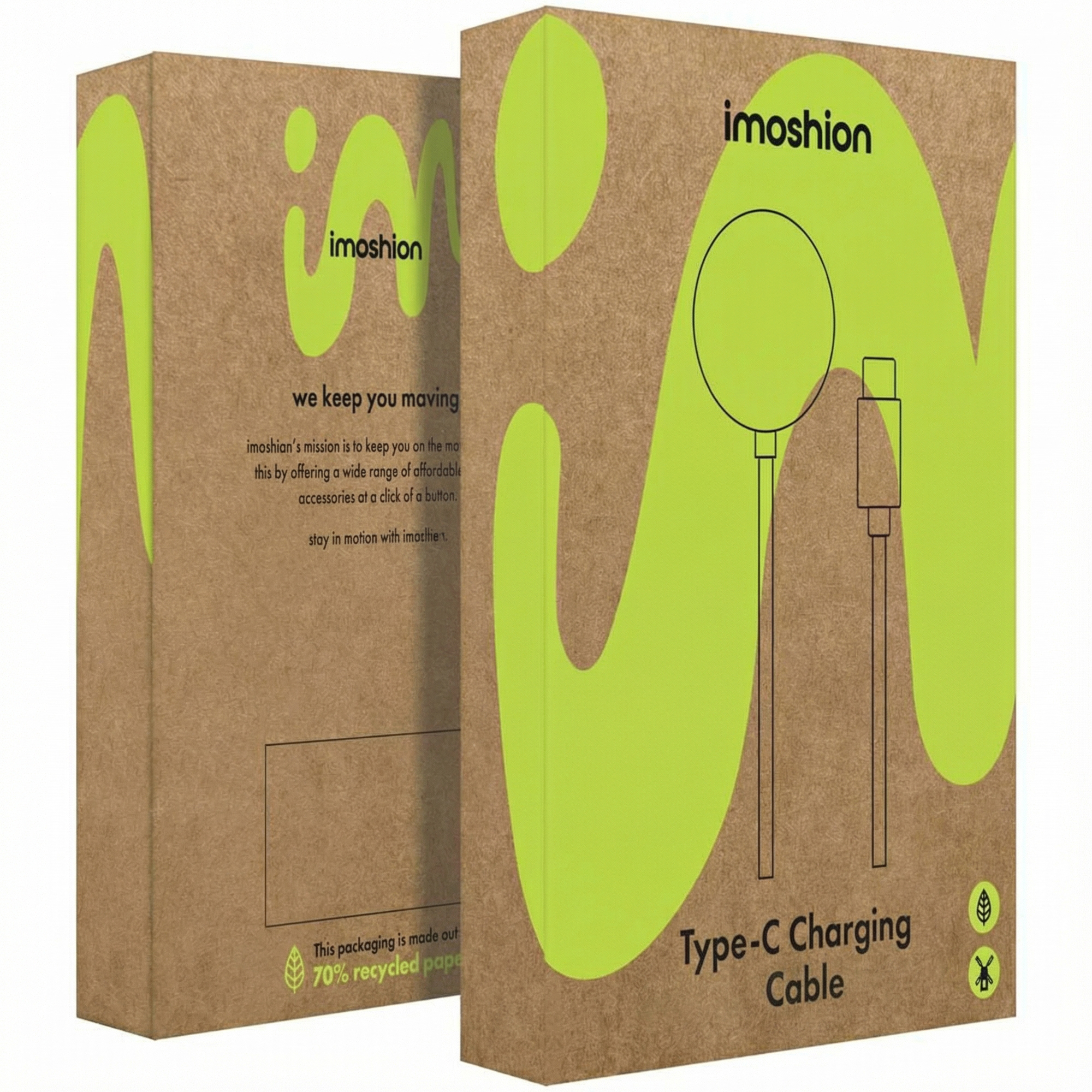 Brown packaging with green waves and text 'Type-C Charging Cable'.