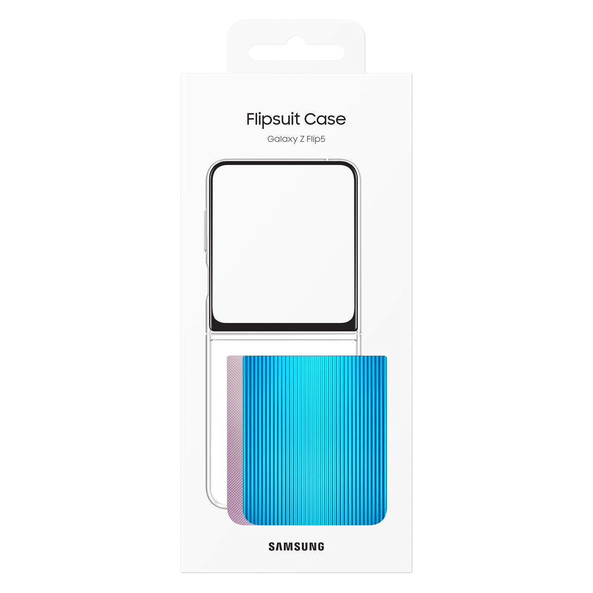 Emballage d'étui Samsung Flipsuit pour Galaxy Z Flip5, montrant le contour du téléphone et un étui côtelé bleu.
