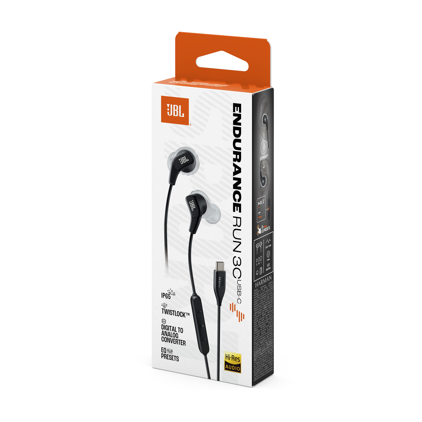 Auricolari JBL Endurance Run 3C USB-C in confezione con auricolari neri.