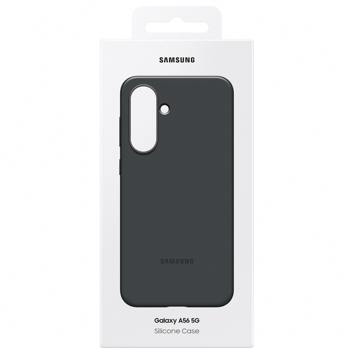 Schwarze Samsung Galaxy A56 5G Silikonhülle in Verpackung.