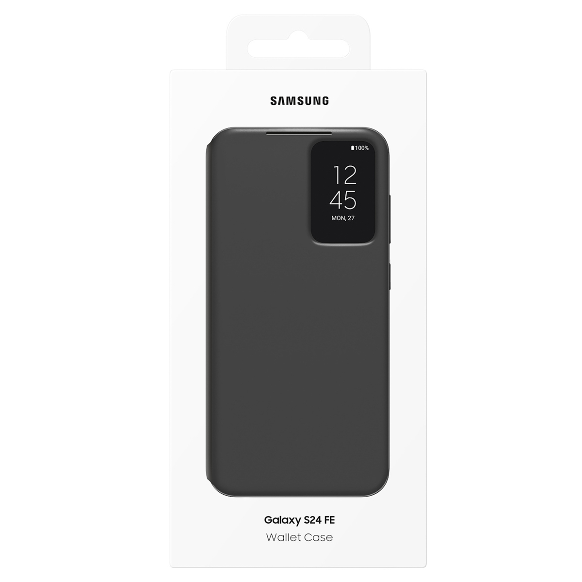 Custodia a portafoglio Samsung Galaxy S24 FE nera con ora 12:45 e data.
