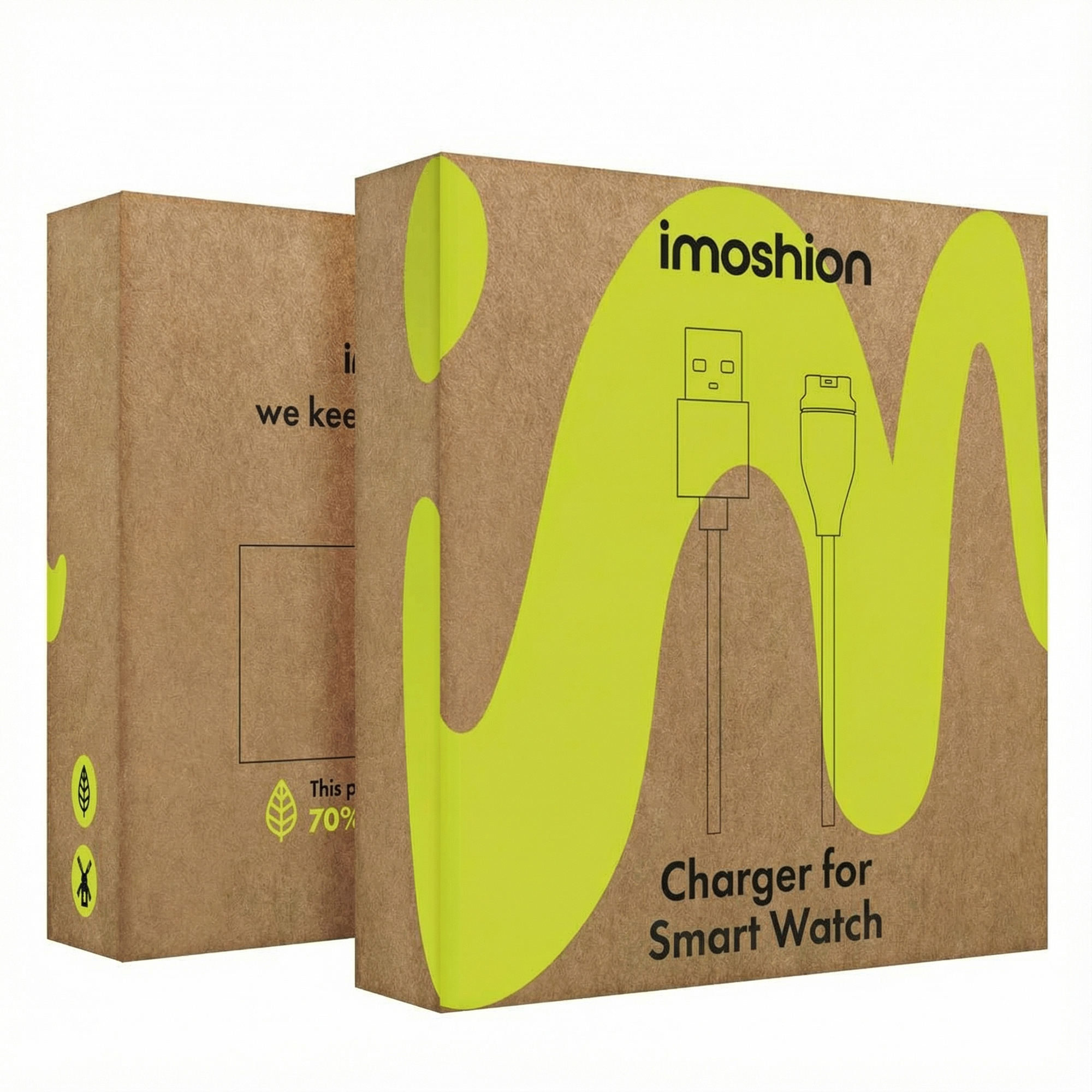 Boîte en carton avec logo "imosion" et illustration de câble chargeur de smartwatch.