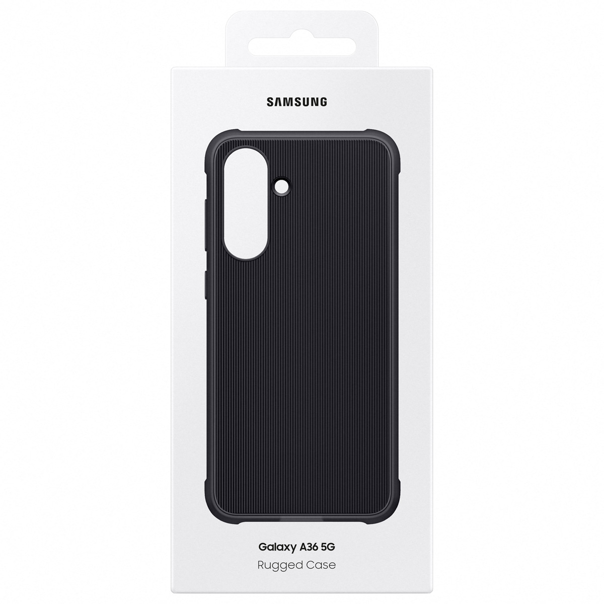 Verpakking voor een zwarte Samsung Galaxy A36 5G Rugged case.