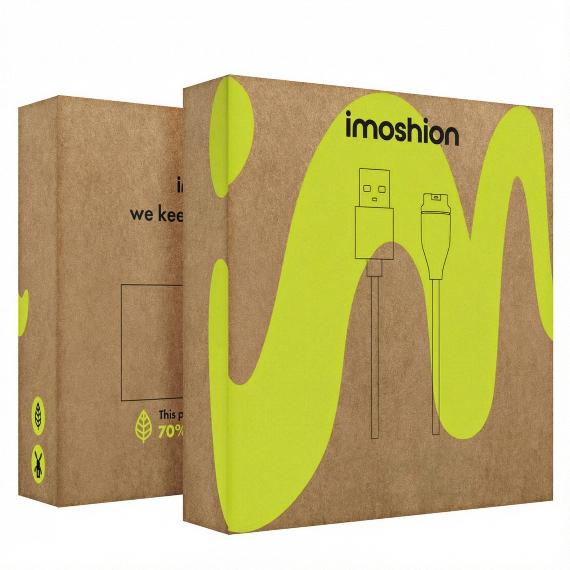 Deux boîtes en carton marron avec un motif vert et une illustration de câble USB.