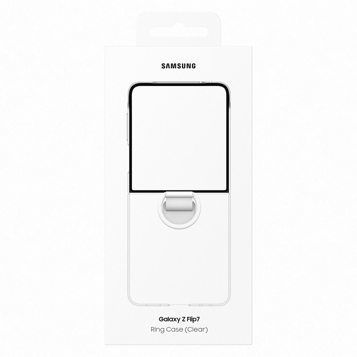 Opakowanie Samsung Galaxy Z Flip7 Ring Case (Clear) z ilustracją telefonu.