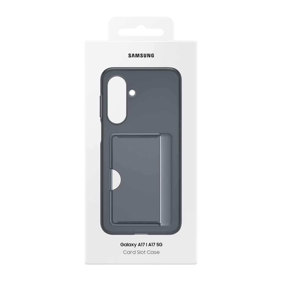 Etui na karty Samsung Galaxy A17/A17 5G, ciemnoszare, w opakowaniu.