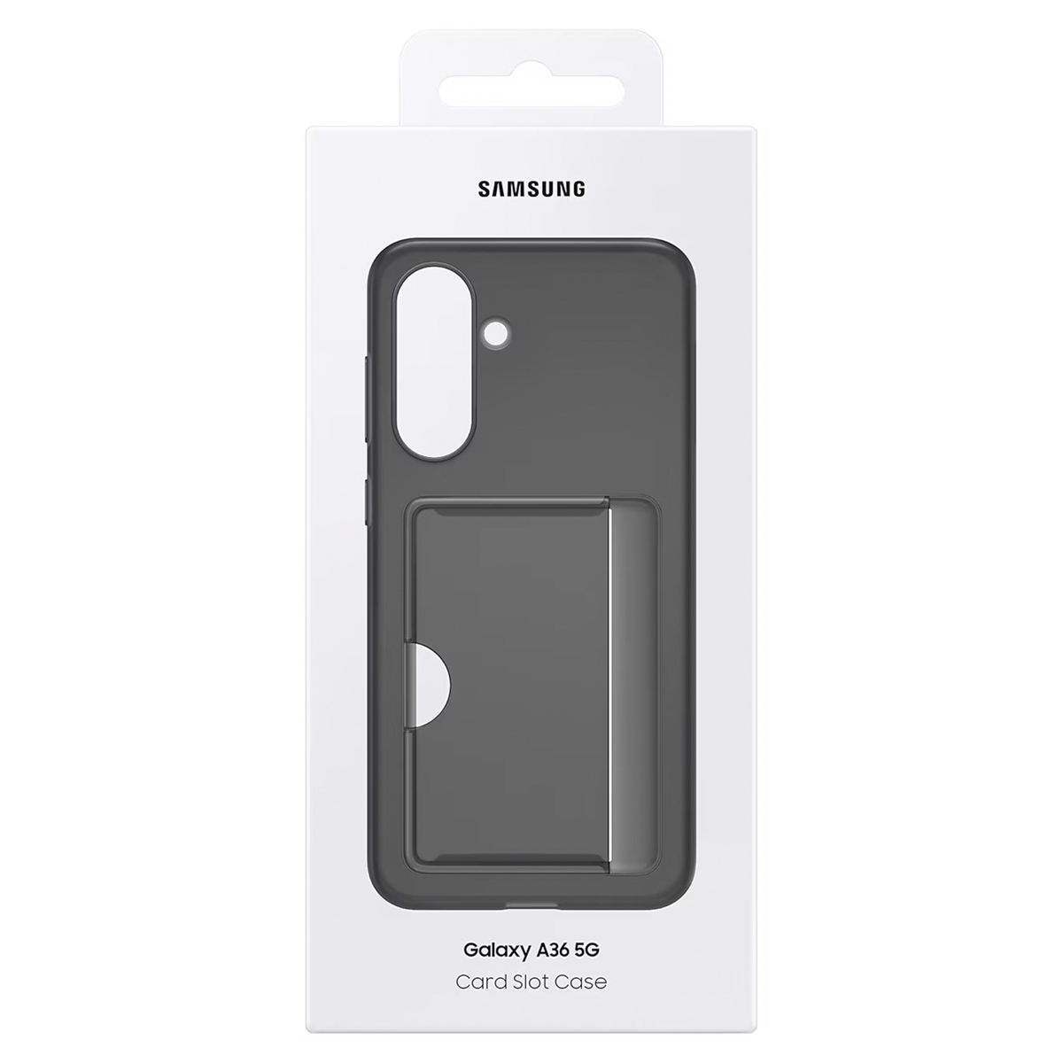 Samsung Galaxy A36 5G hoesje met kaarthouder in donkergrijs met camera-uitsparing.