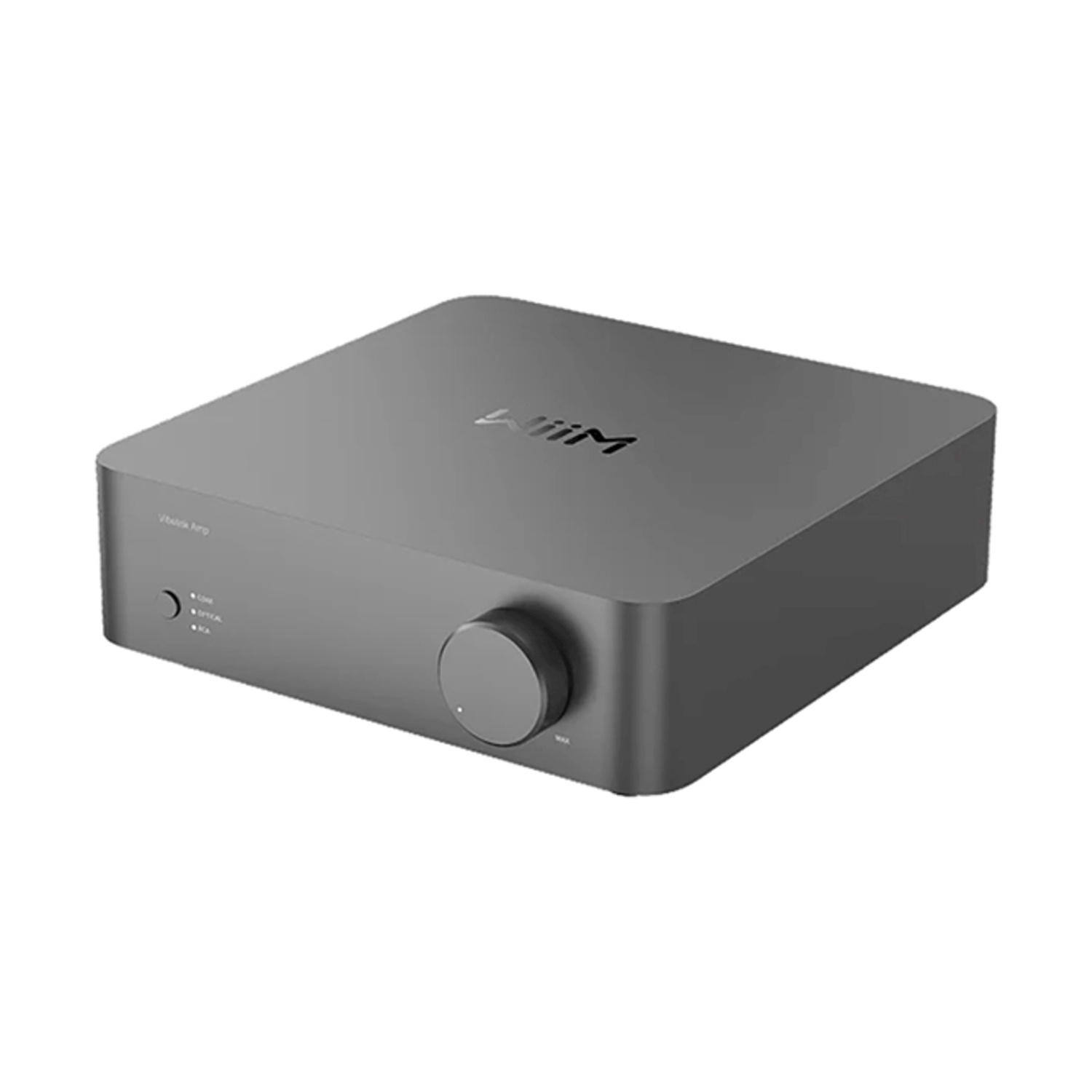 Grijs compact audioapparaat met volumeknop op het voorpaneel.