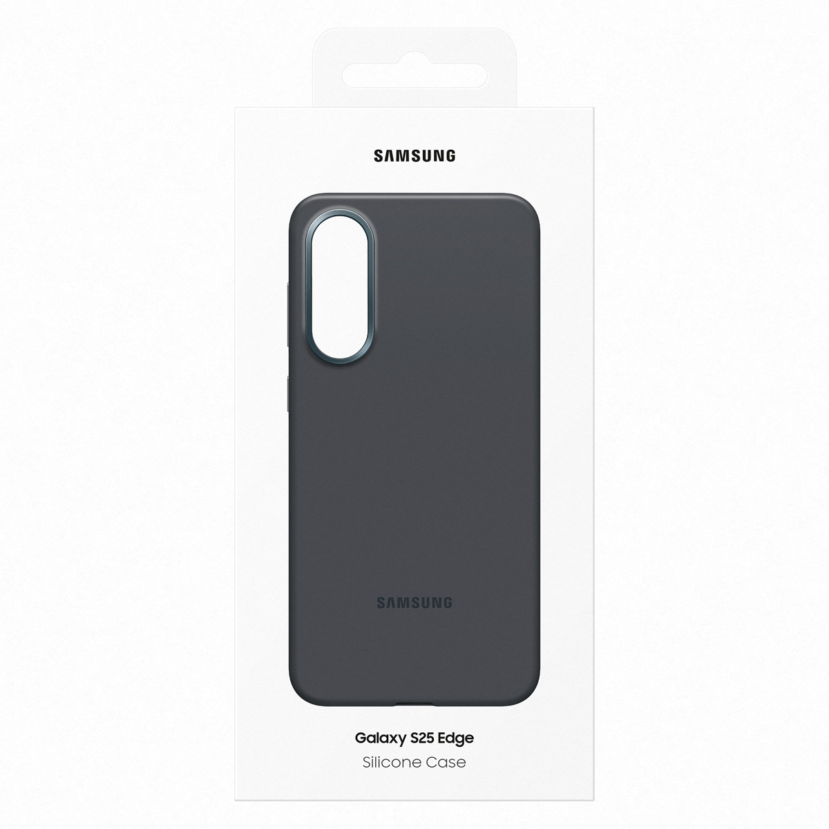 Confezione custodia in silicone Samsung Galaxy S25 Edge grigio scuro.