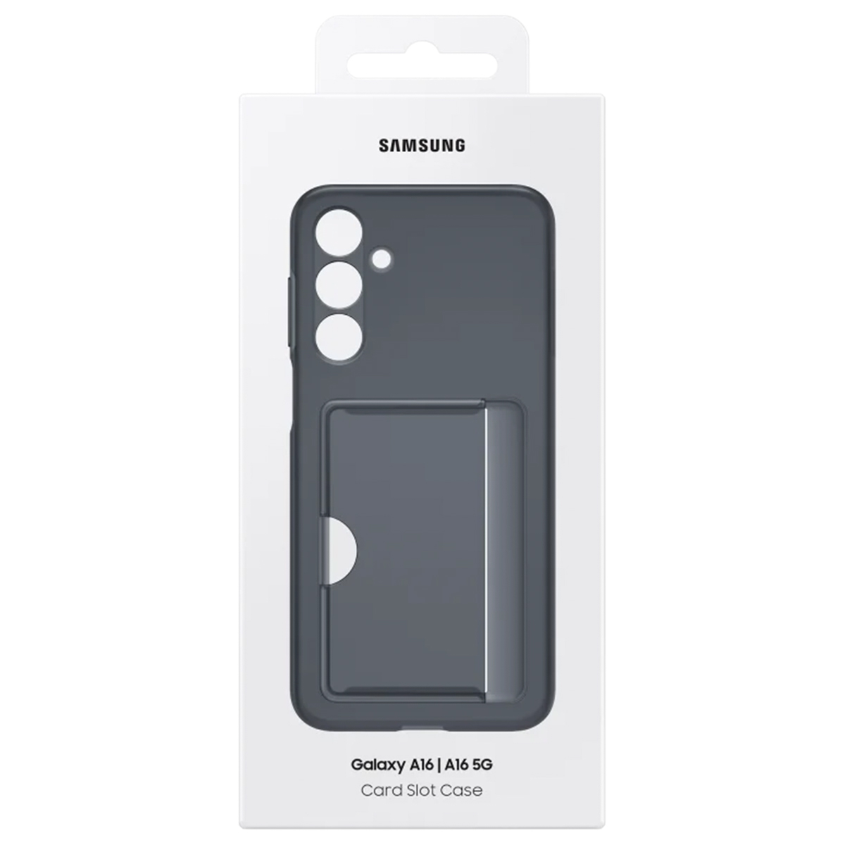 Grijze Samsung telefoonhoes met kaartsleuf voor Galaxy A16, op witte verpakking.
