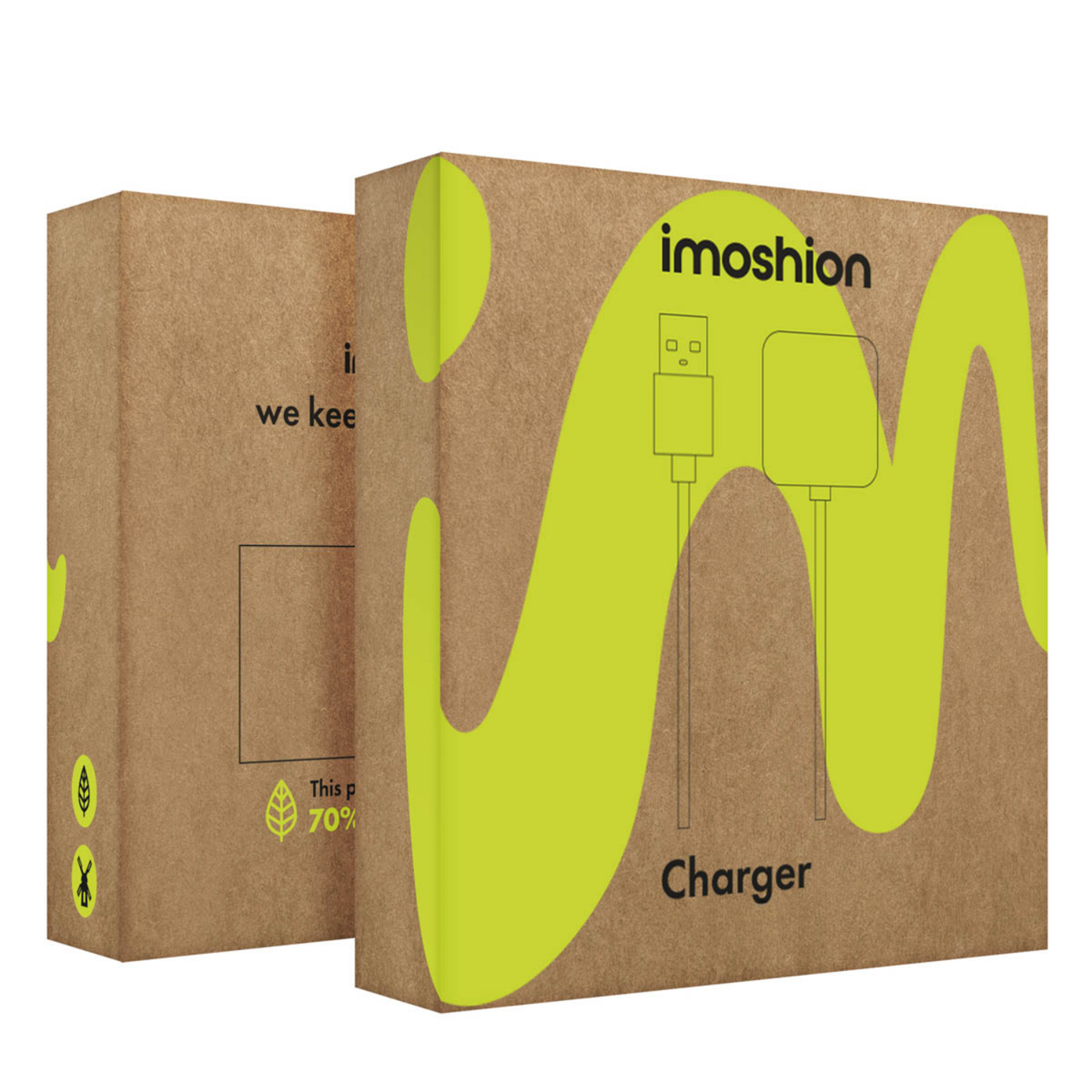 Deux boîtes en carton avec le logo "imoshion" et des graphiques de câble de chargeur.