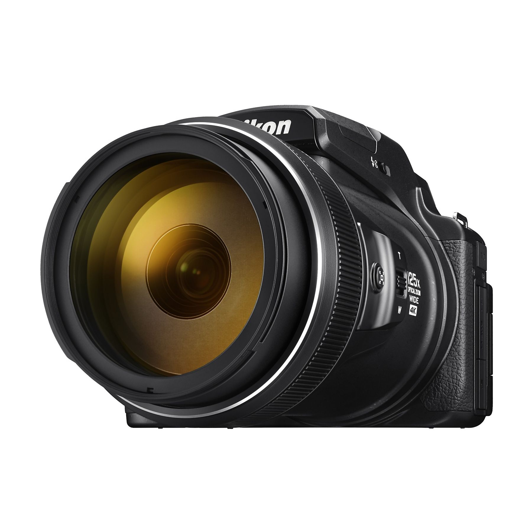 Cámara Nikon negra con zoom óptico 125x y capacidad 4K.