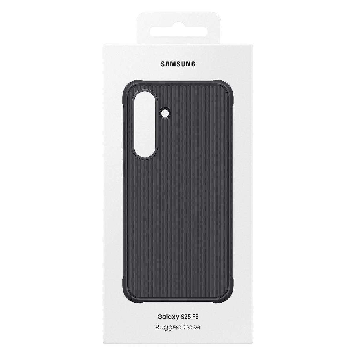 Embalaje de Samsung Galaxy S25 FE Rugged Case con funda protectora oscura.