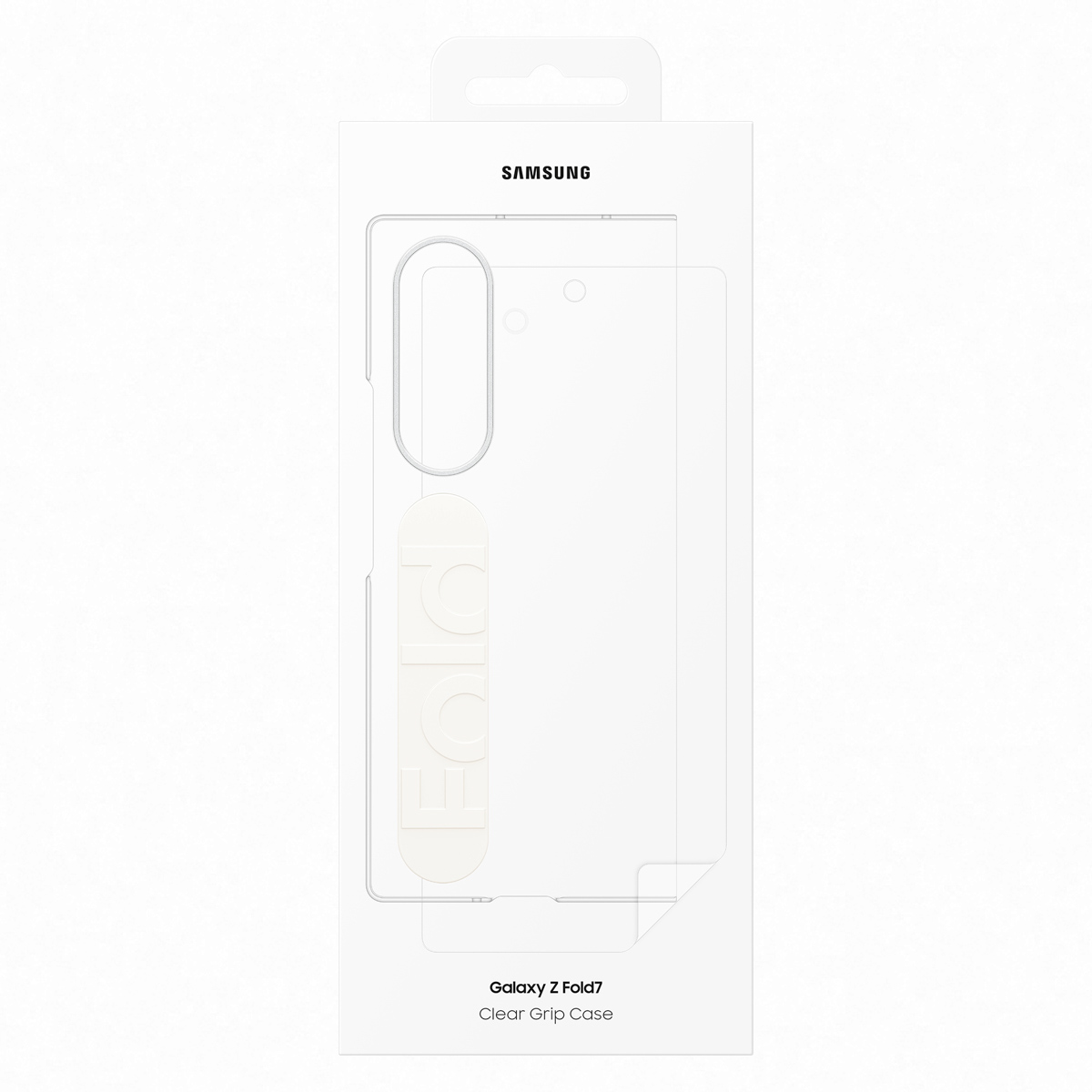 Embalaje Samsung Galaxy Z Fold7 Clear Grip Case con funda y agarre.