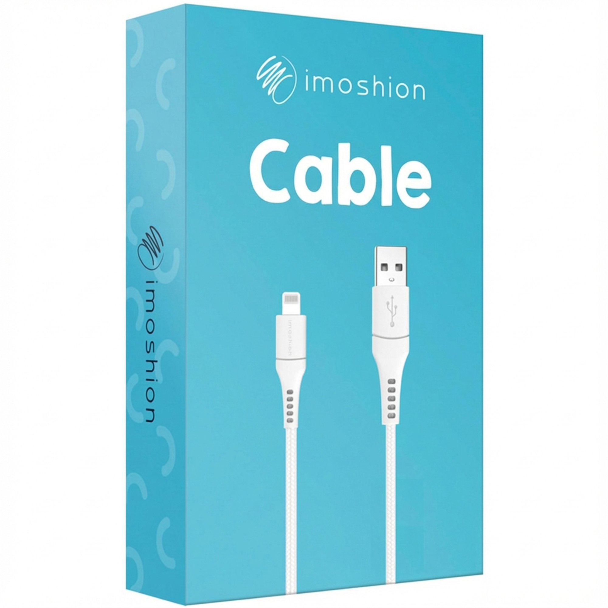 Une boîte bleue avec le texte "imoshion Cable" et deux câbles blancs.