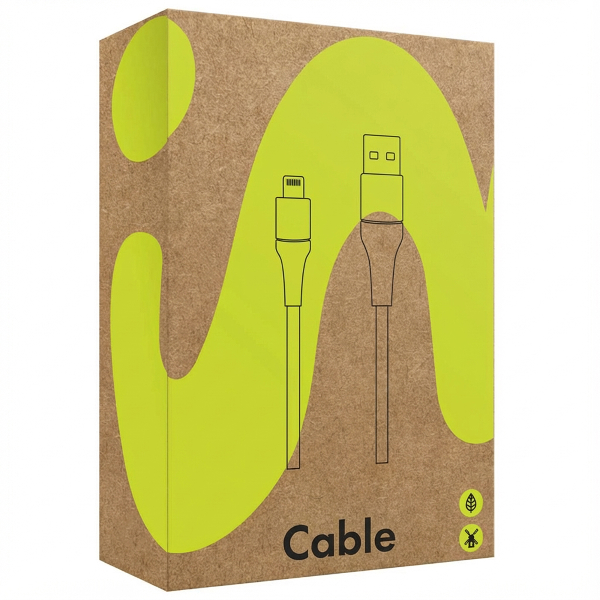 Emballage de câble marron avec design vert et illustration de câble.