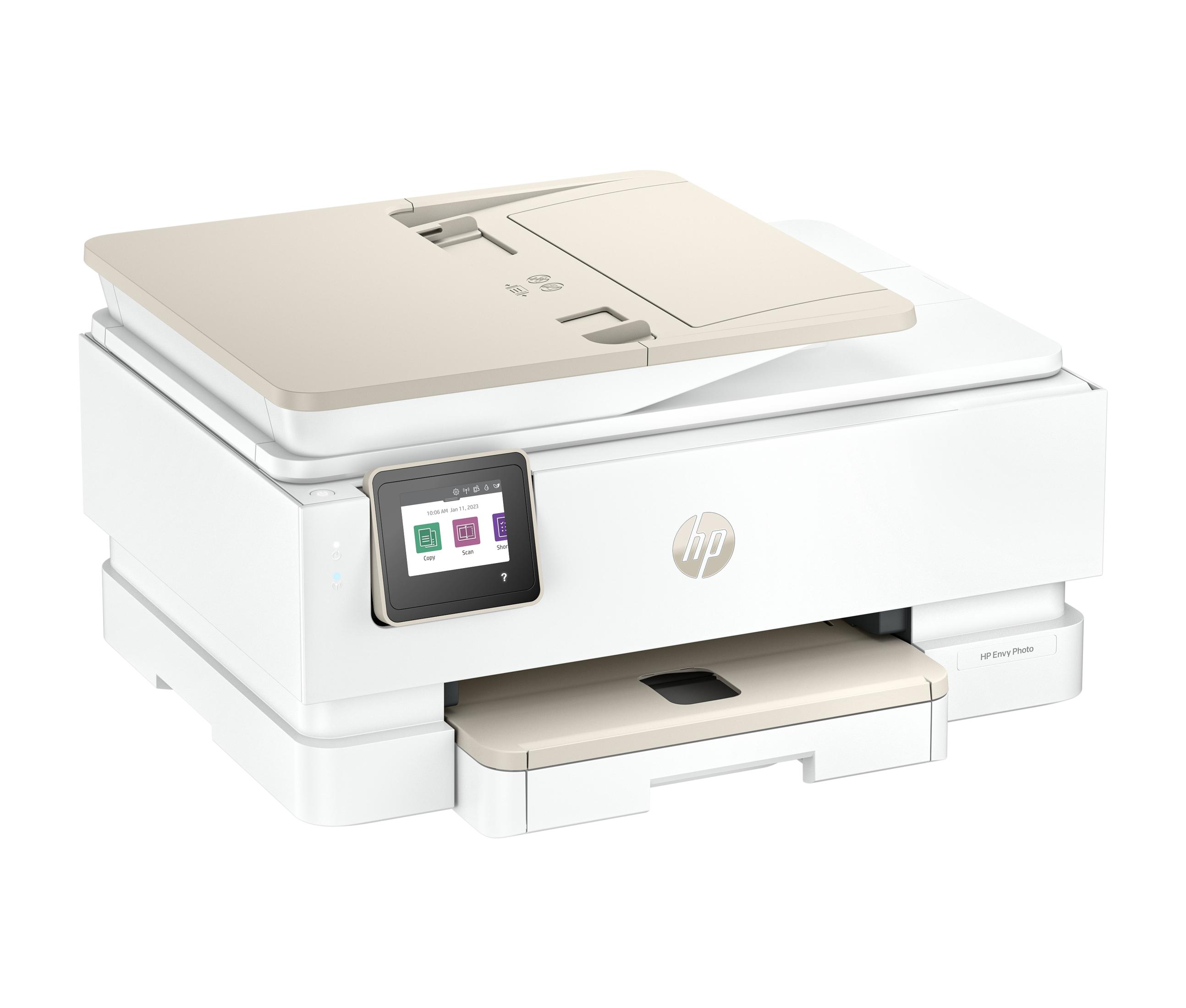 Ein weißer HP Envy Photo Drucker mit Touchscreen und Papierausgabefach.