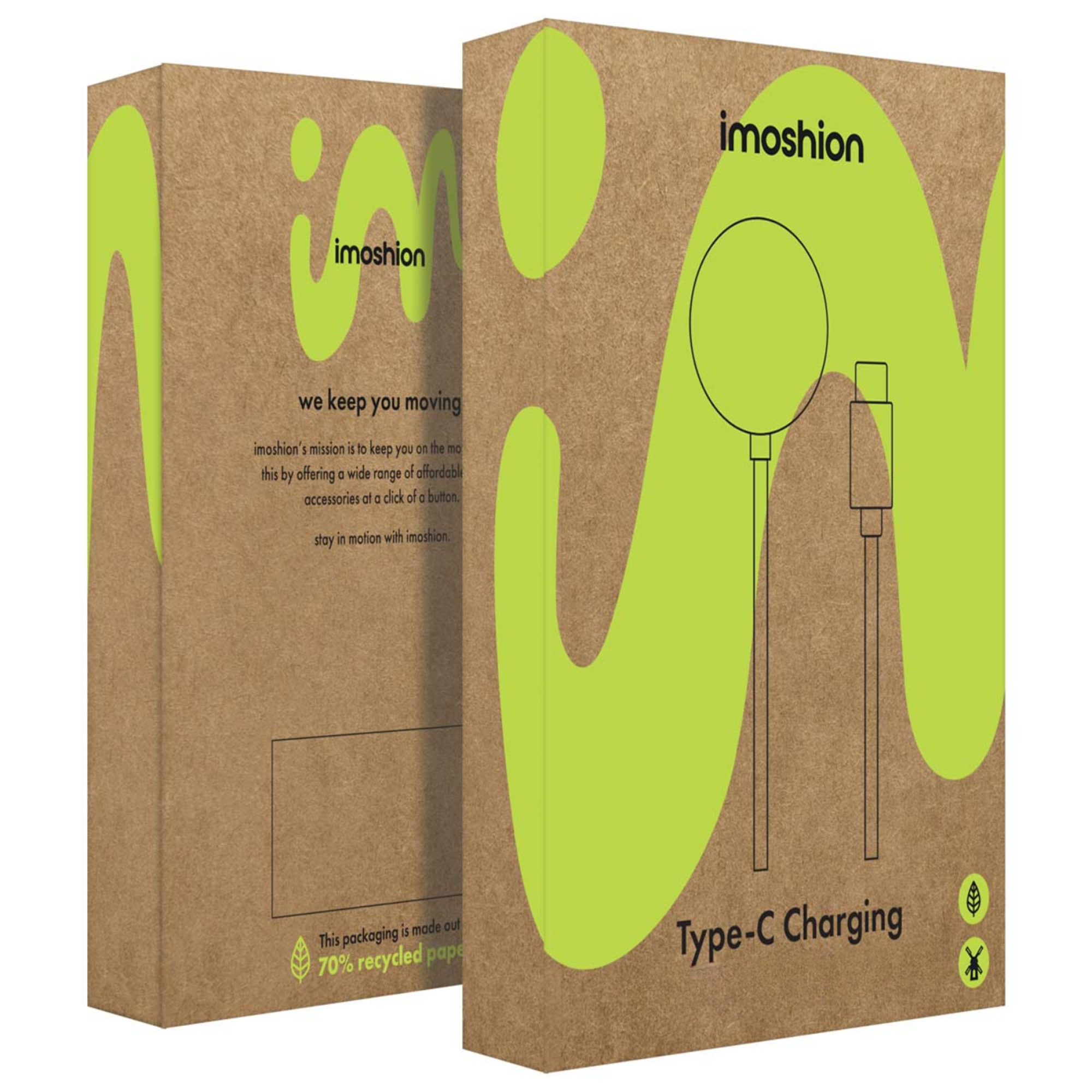 Two cardboard boxes with imoshion logo and charging cable illustration. Recyclable.