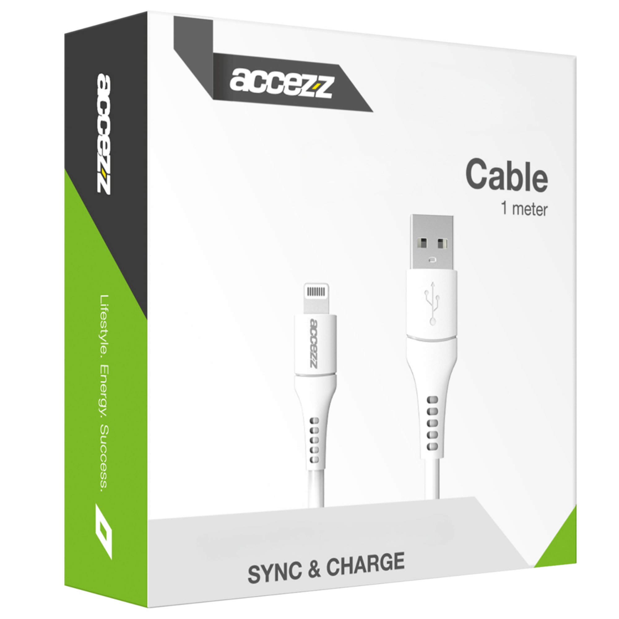 Boîte avec câble blanc, connecteurs USB et Lightning. Marque : accezz.
