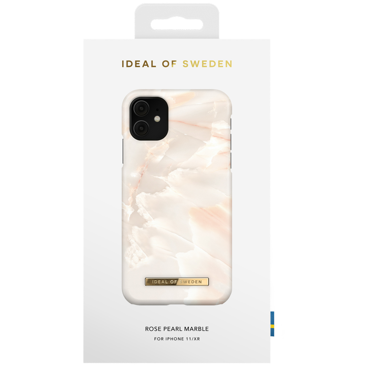 iPhone-Hülle mit Marmormuster in Rosé, auf weißem Karton.