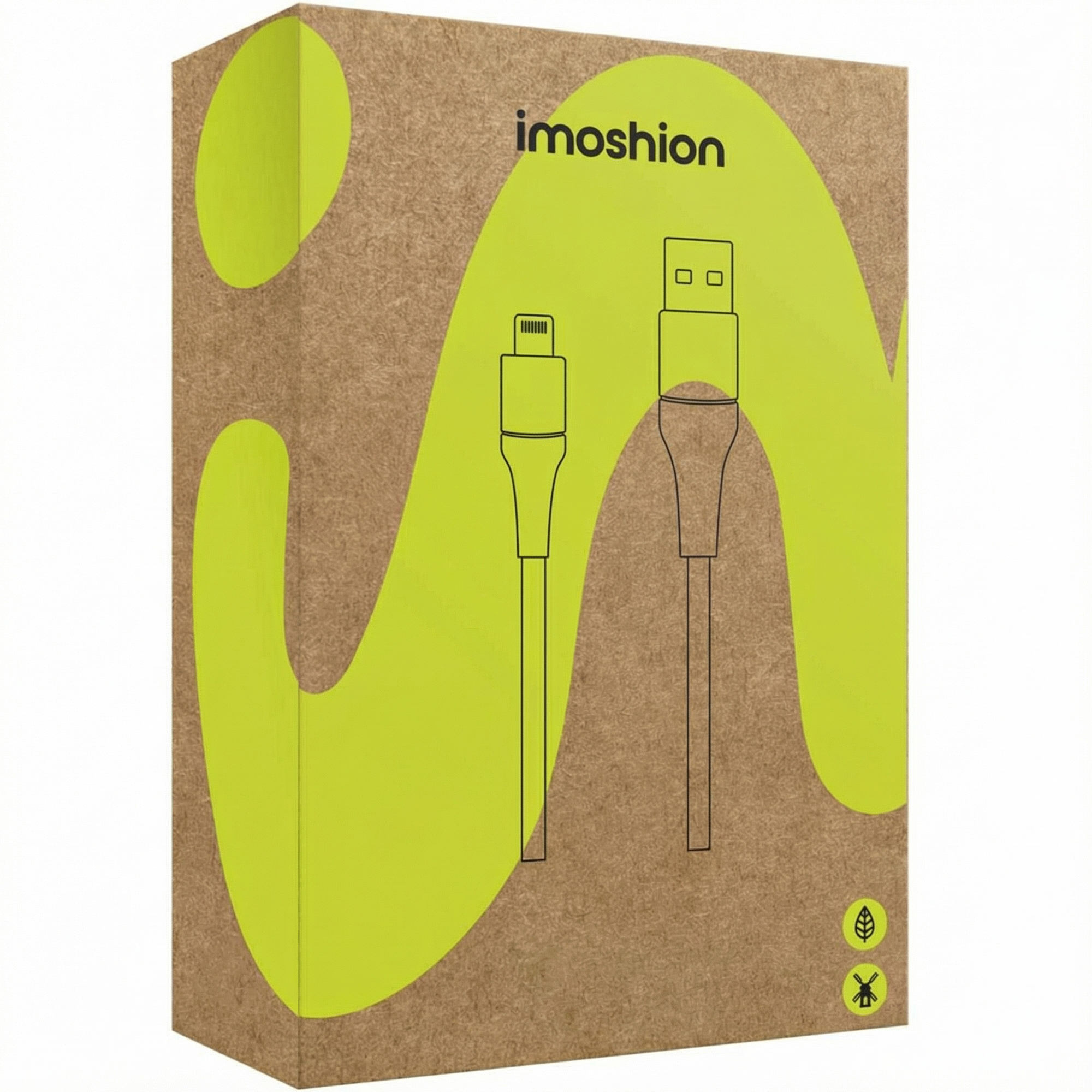 Boîte marron avec logo Imoshion et illustrations de câbles. Fond vert clair.