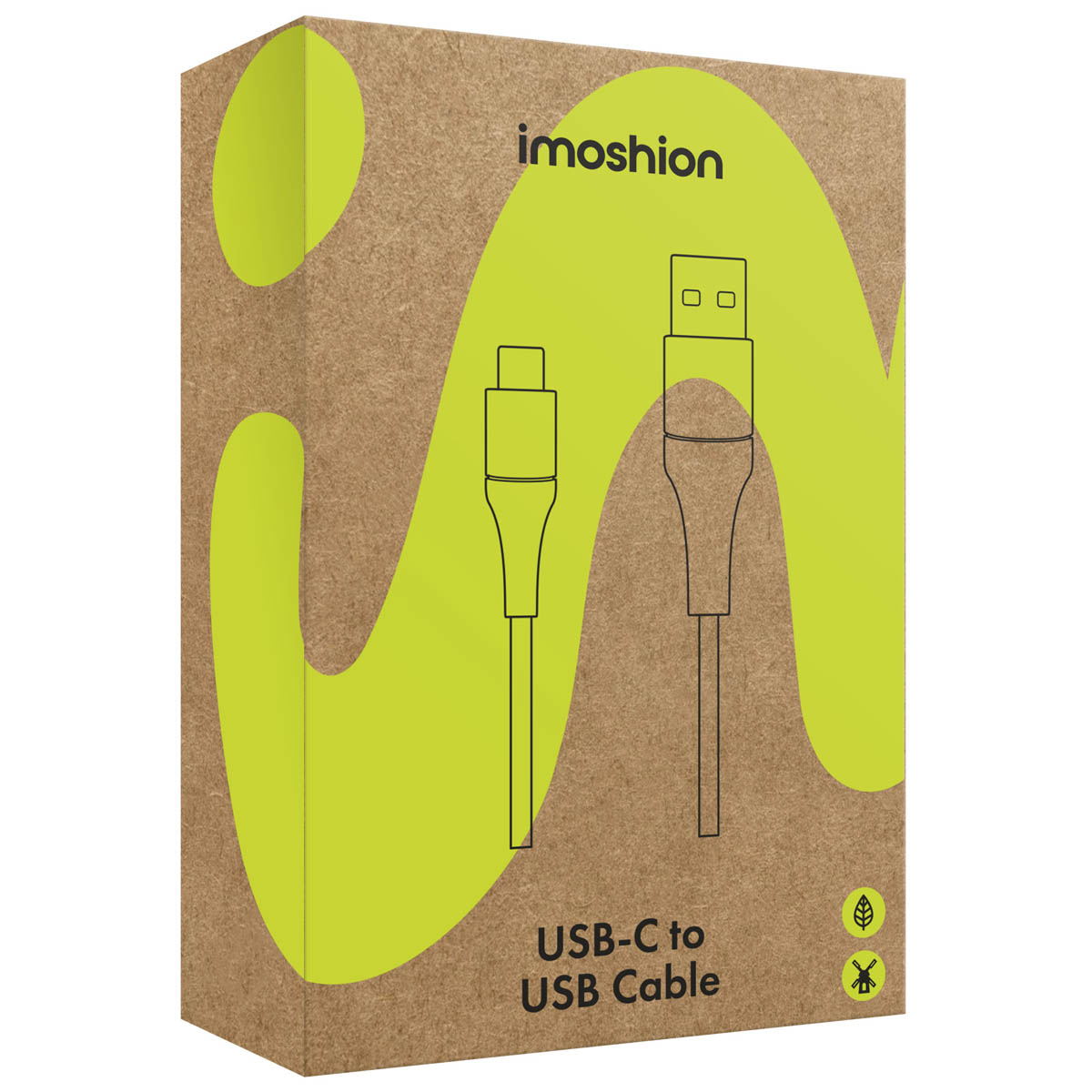 Emballage de boîte pour un câble USB-C vers USB en vert et marron.