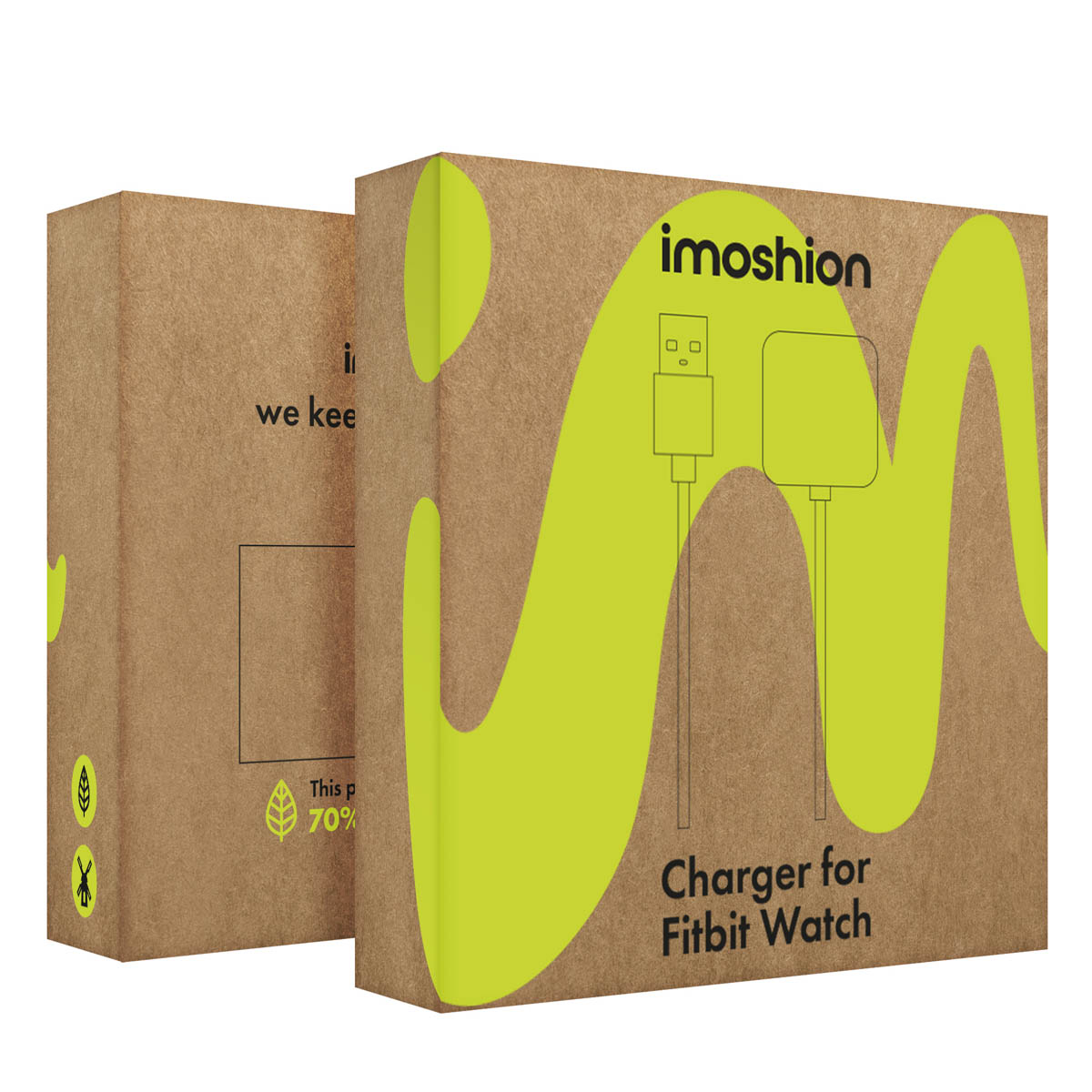 Emballage pour chargeur de montre Fitbit avec un schéma de connecteur USB.