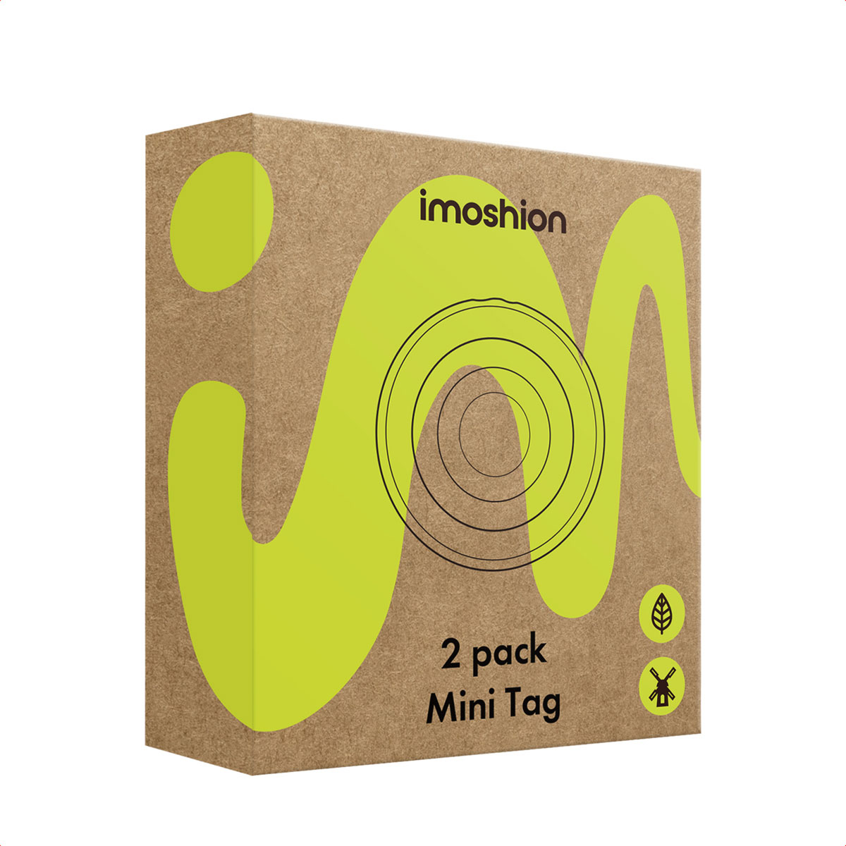 Brown cardboard box with lime green wavy design. Text: imoshion, 2 pack Mini Tag.