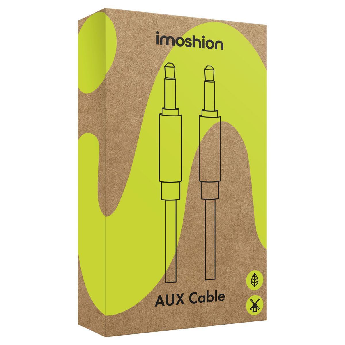 Boîte de câble AUX Imoshion avec deux illustrations de prise et logo.