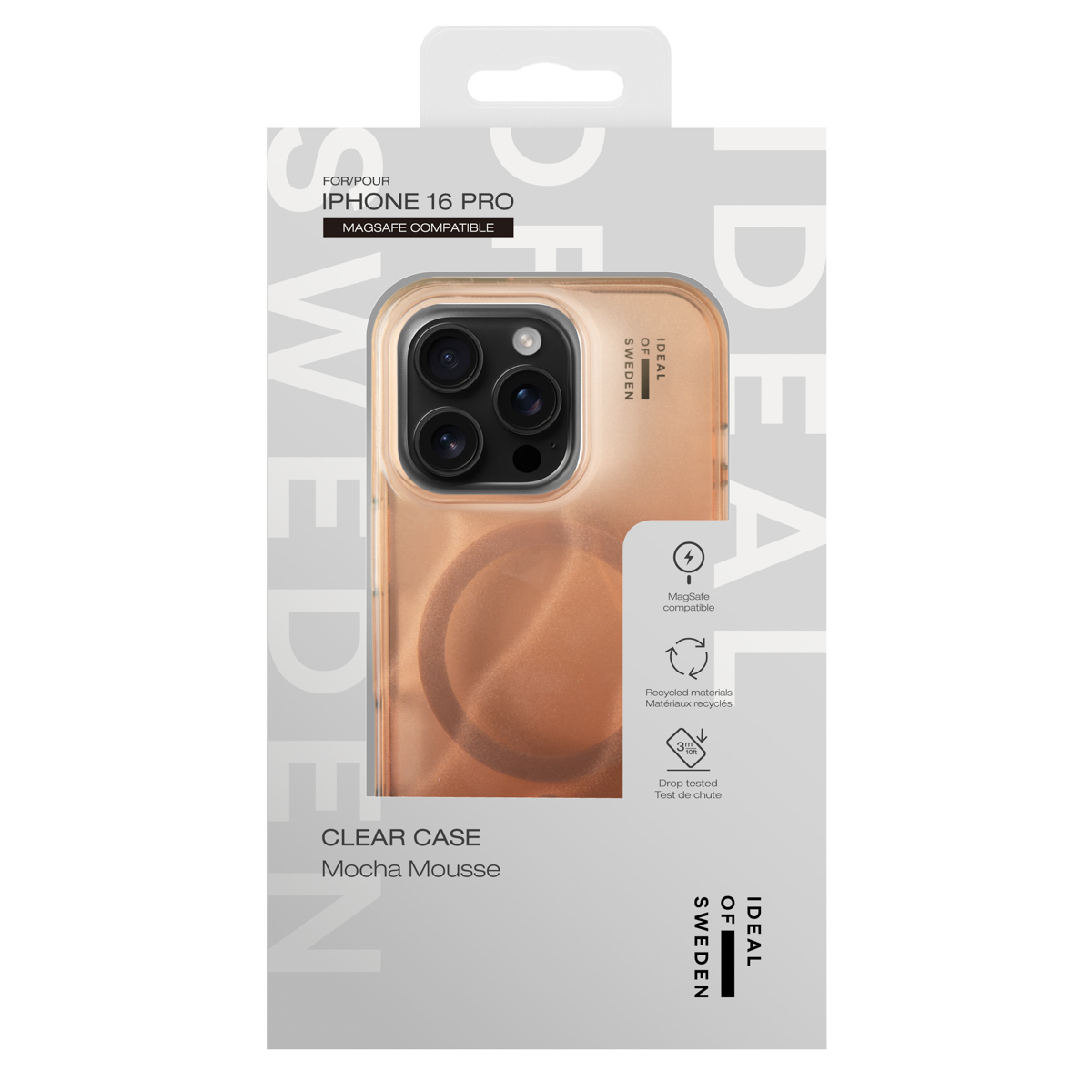 Verpackung für eine iPhone 16 Pro Hülle in Mocha Mousse, MagSafe-kompatibel.