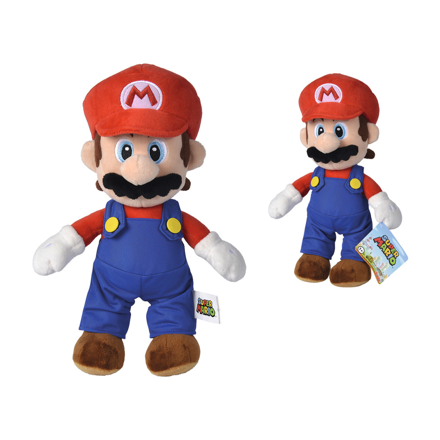 Dwie pluszowe zabawki Mario w niebieskich ogrodniczkach i czerwonych czapkach.