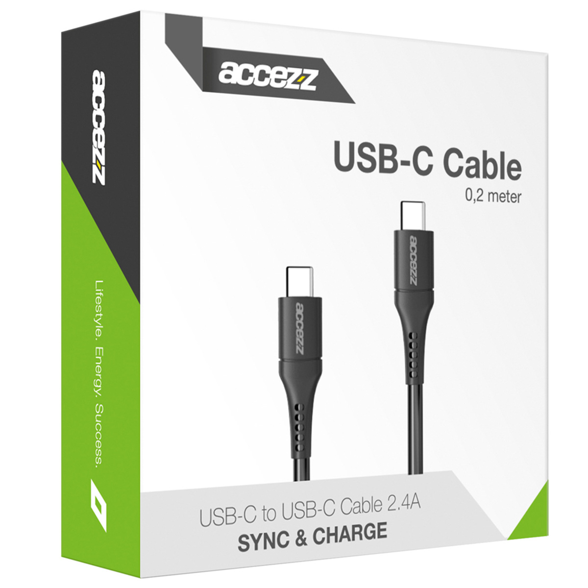 Boîte montrant deux câbles USB-C noirs avec connecteurs argentés. Texte: USB-C Cable.