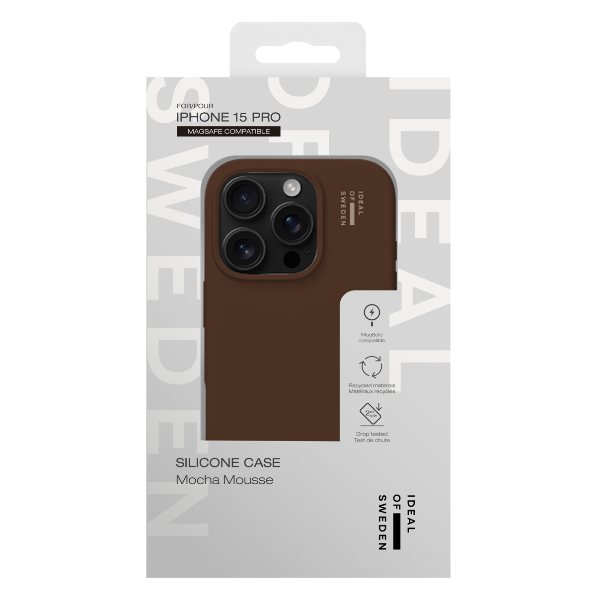 Braune iPhone 15 Pro Hülle mit MagSafe-Kompatibilität und "Mocha Mousse"-Aufschrift.