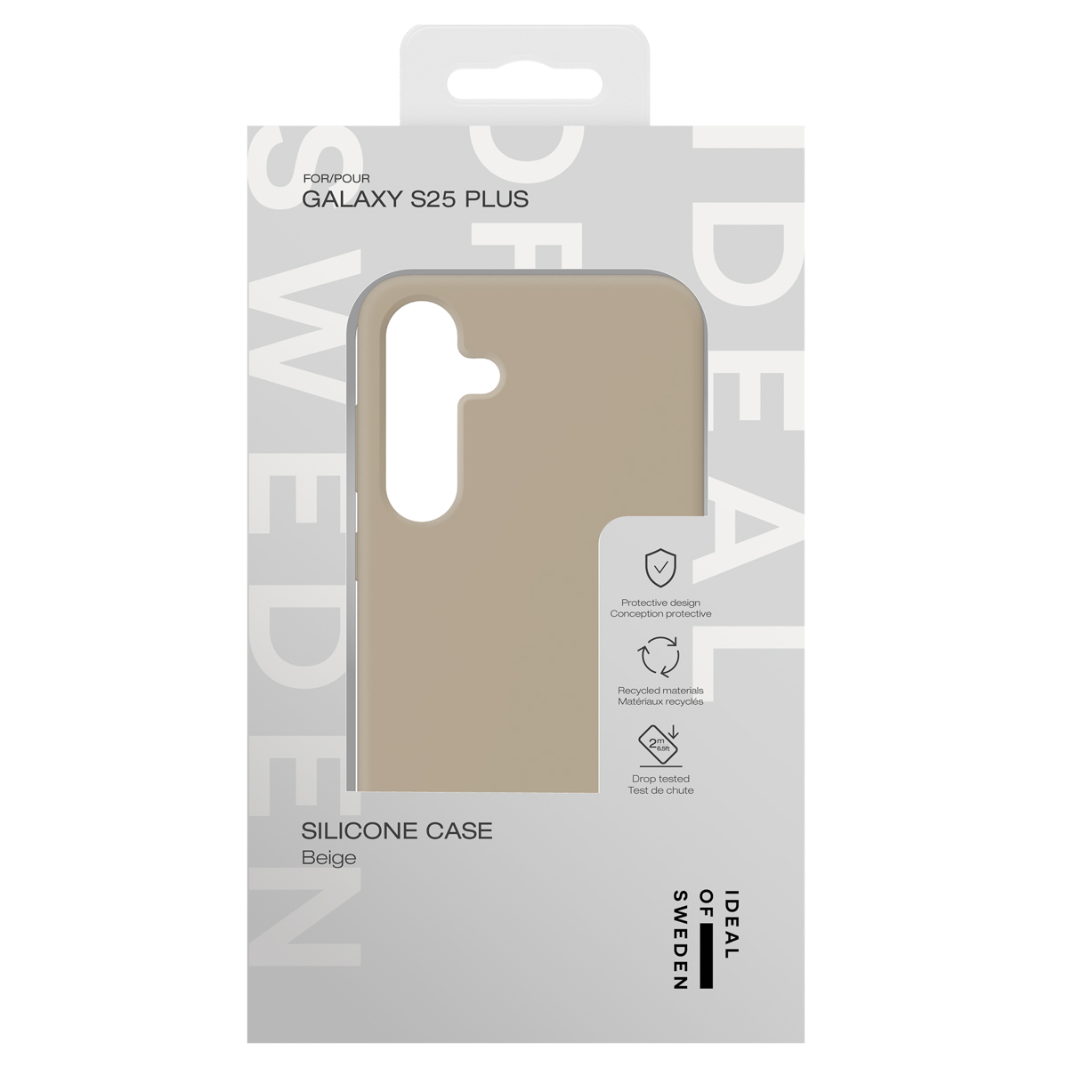 Beige Silikonhülle für Galaxy S25 Plus, IDEAL OF SWEDEN Verpackung.