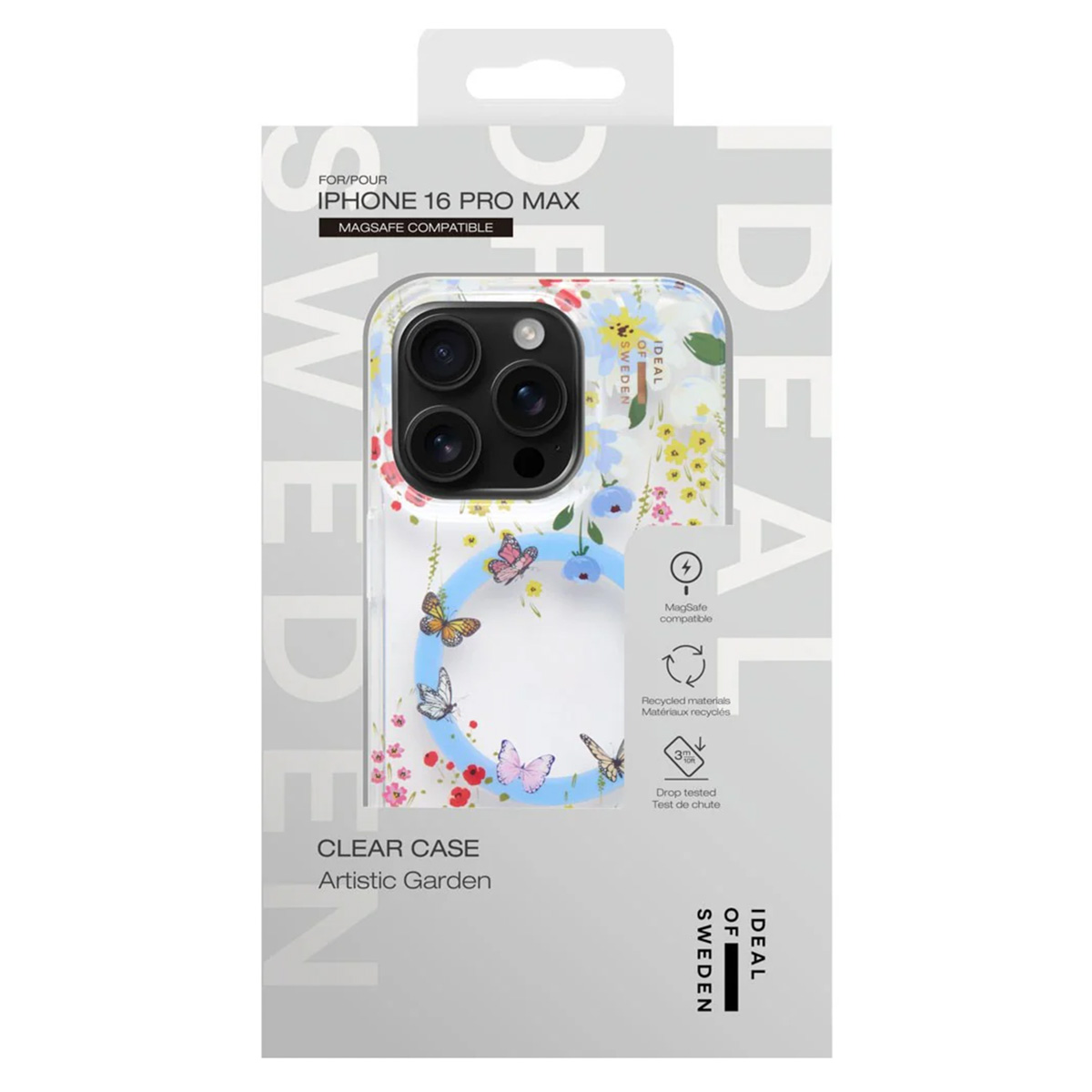 iPhone 16 Pro Max Hülle mit Blumen und Schmetterlingen, MagSafe-kompatibel.