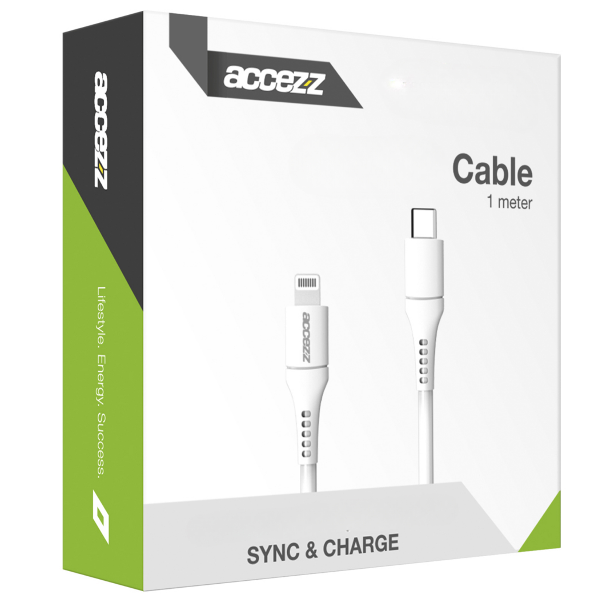 Emballage avec câble de chargement blanc, connecteurs Lightning et USB-C.