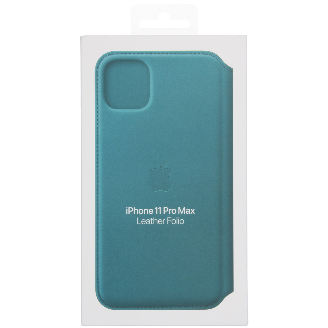 Türkiser iPhone 11 Pro Max Leder-Folio-Schutzhülle in Verpackung.