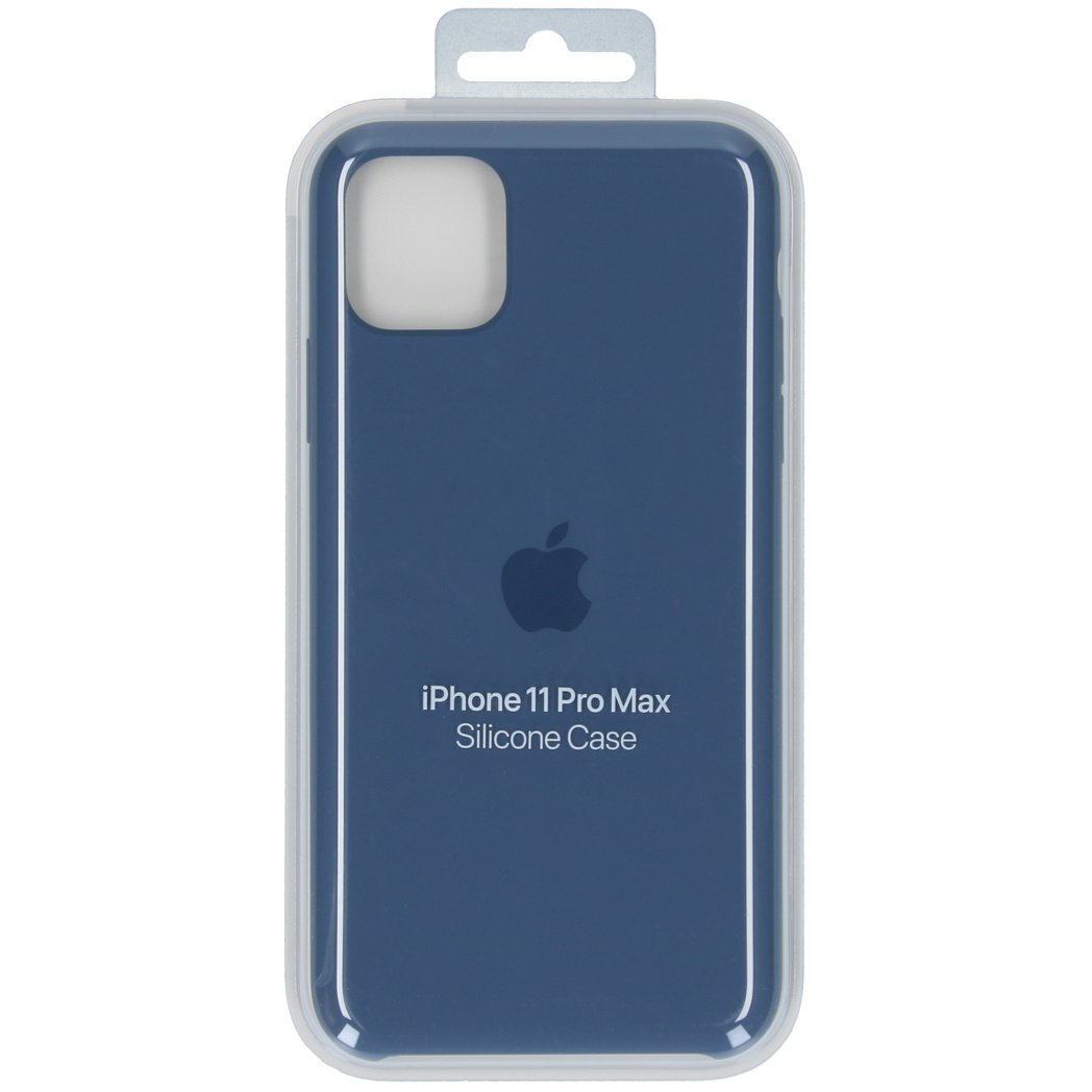 Custodia in silicone blu scuro per iPhone 11 Pro Max in confezione.