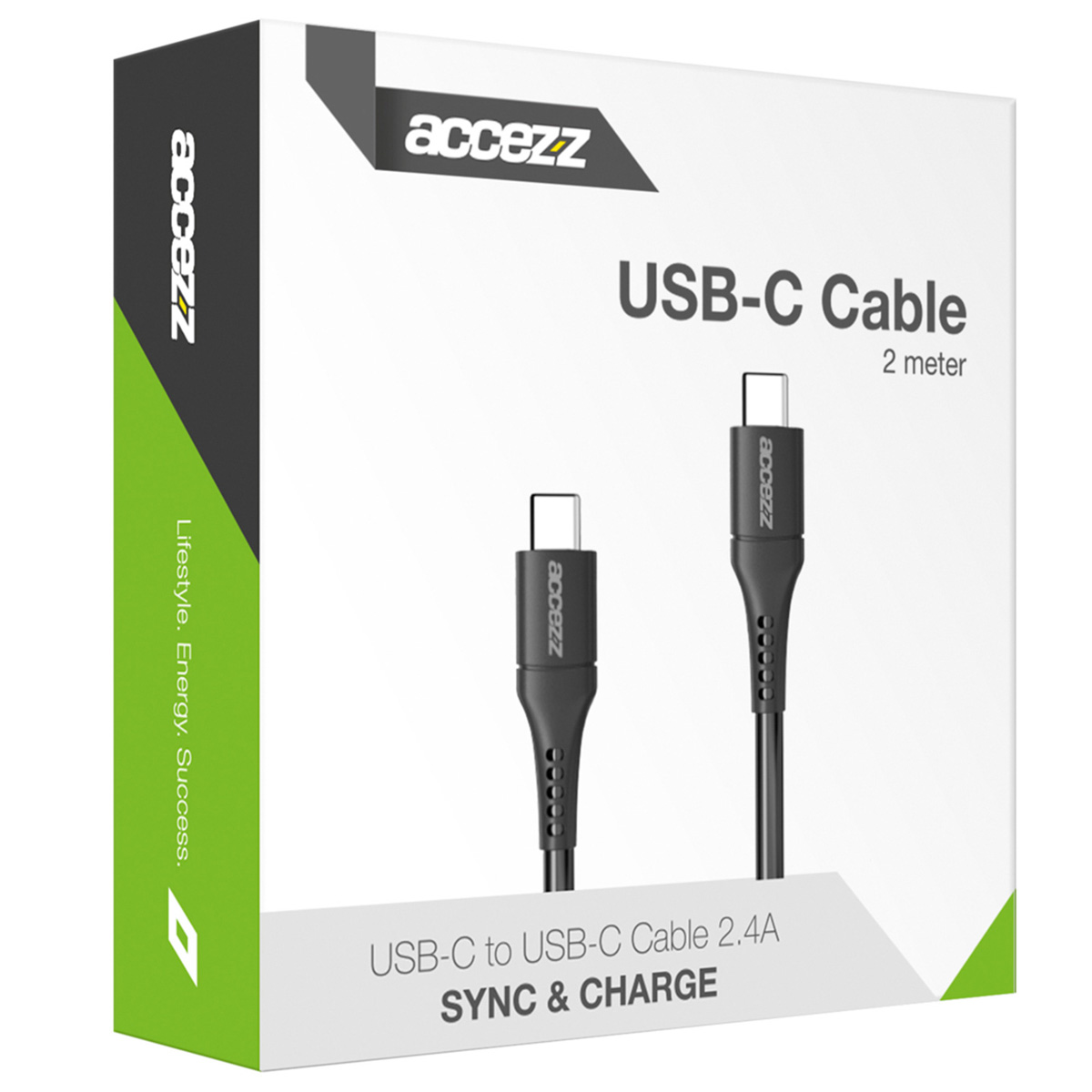 La boîte montre deux câbles noirs Acezz USB-C, de 2 mètres, pour synchroniser et charger.