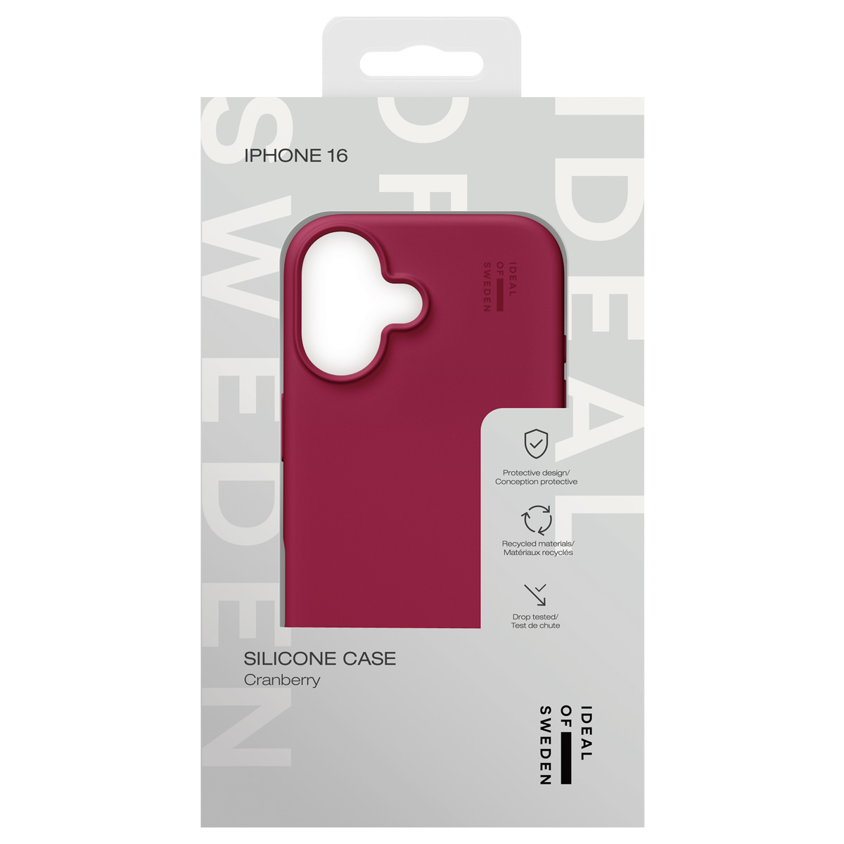 Verpackung für eine cranberryfarbene iPhone 16 Hülle von Ideal of Sweden.