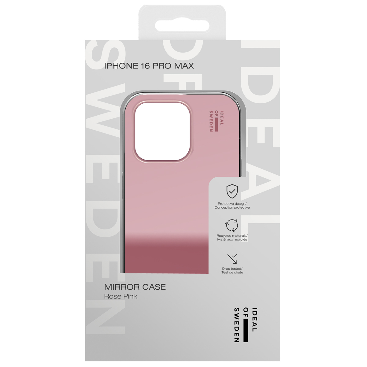 Verpackung für eine rosafarbene iPhone 16 Pro Max Hülle mit Spiegel-Effekt.