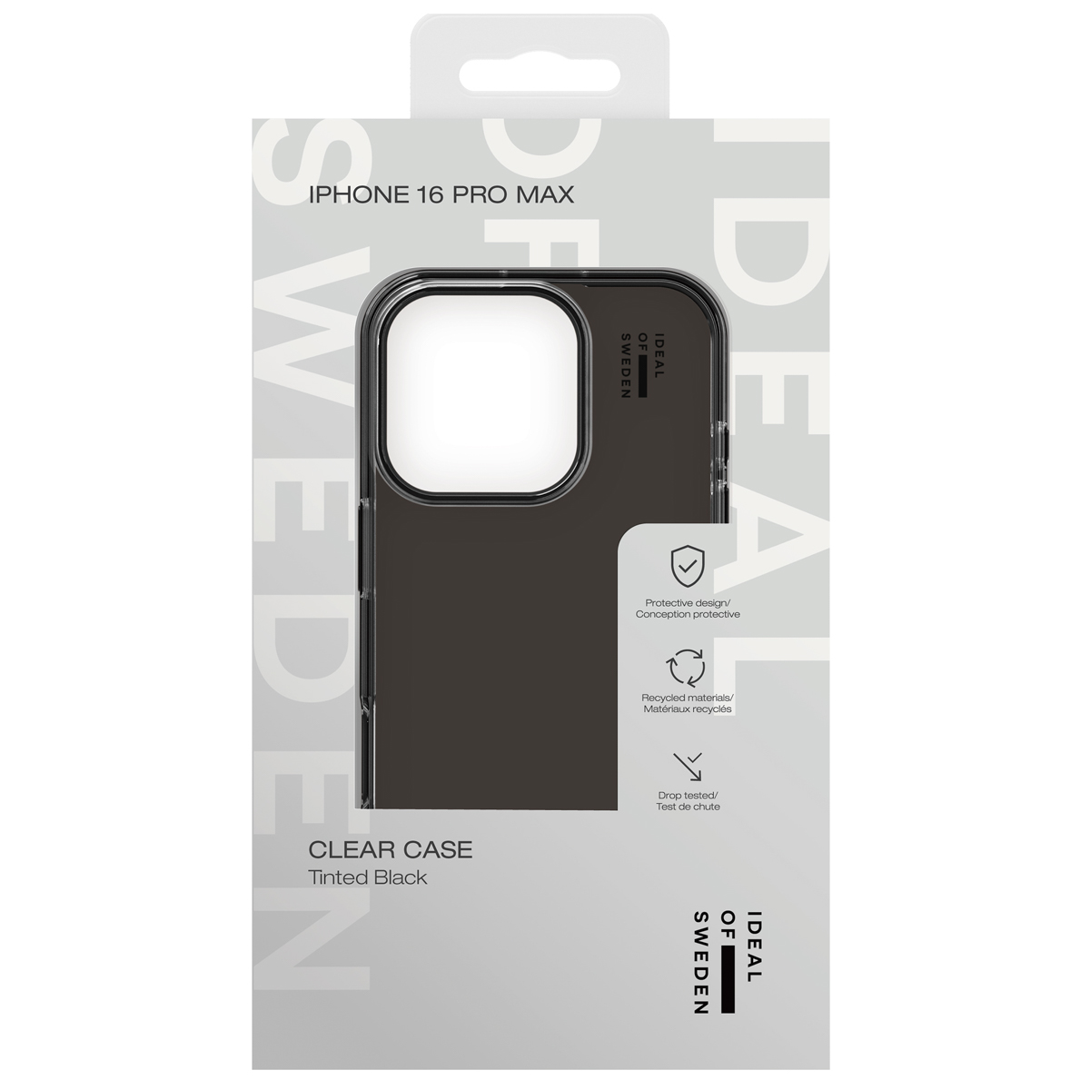 Verpackung für iPhone 16 Pro Max Hülle, schwarz getönt.