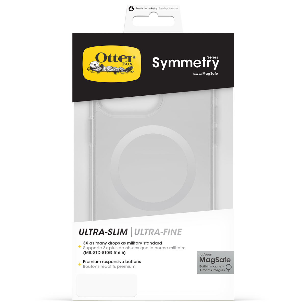 OtterBox Symmetry MagSafe hoes verpakking met tekst en afbeeldingen.