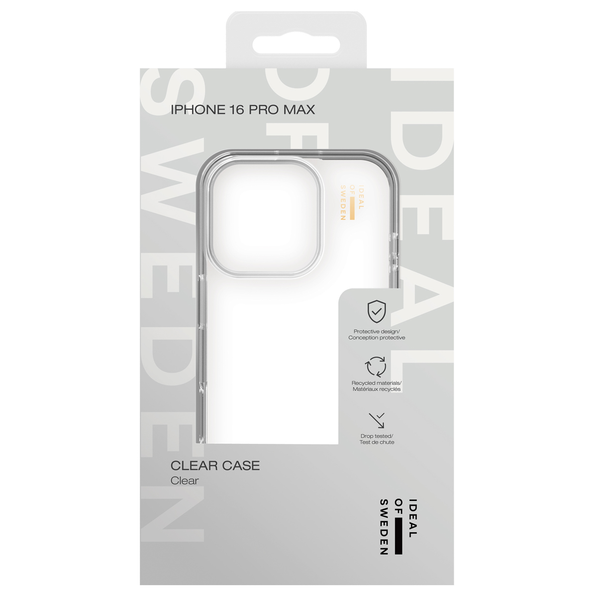Verpackung für eine transparente iPhone 16 Pro Max Hülle, mit Logo und Produktmerkmalen.