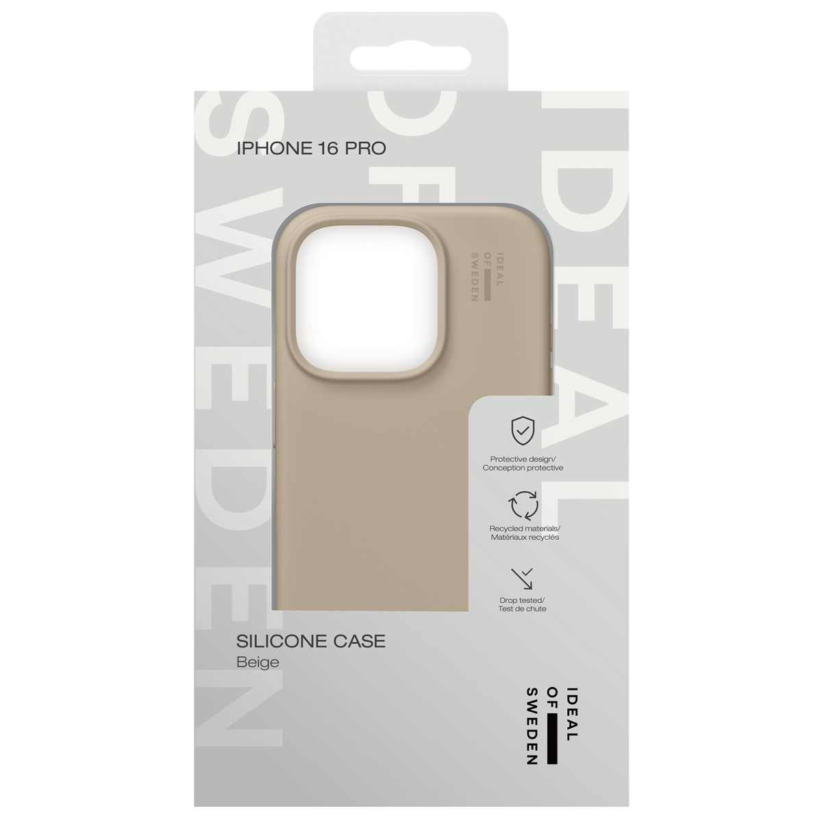 Beige iPhone 16 Pro Silikonhülle auf Verpackung mit Markenschriftzug.