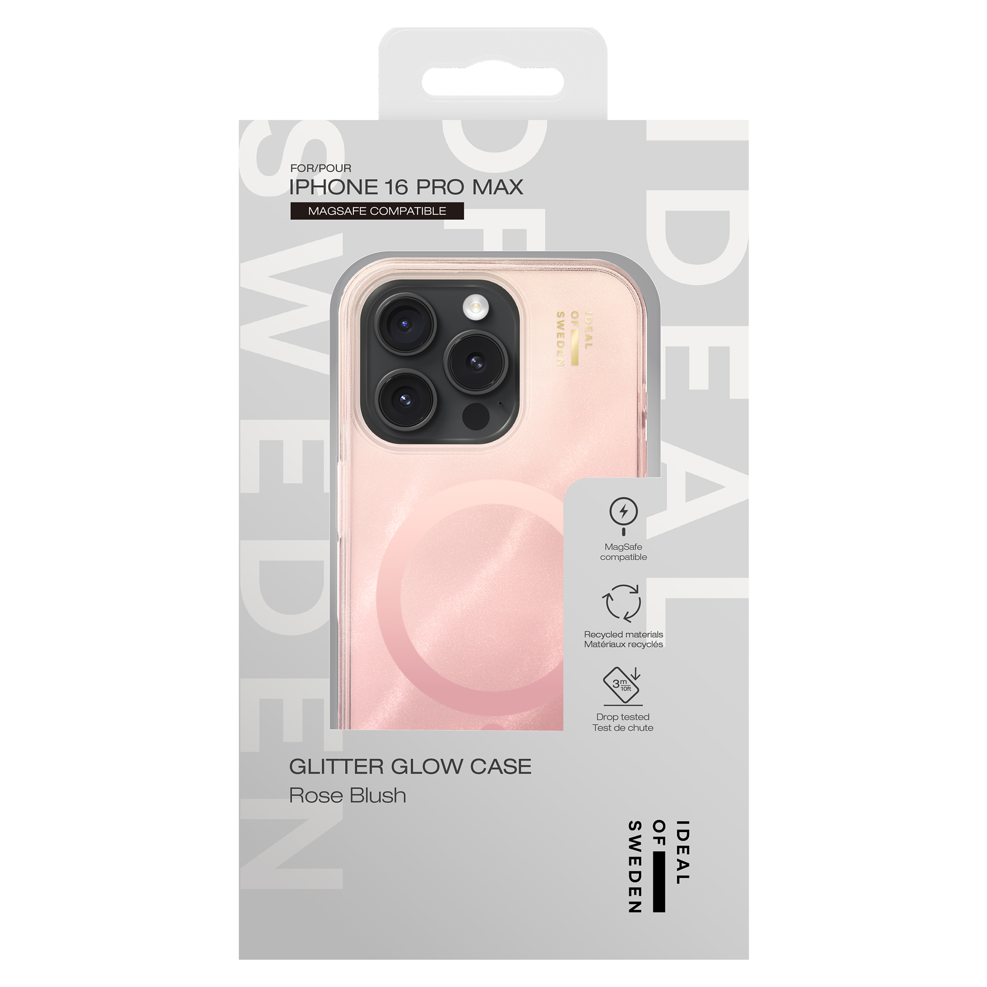 Verpackung für eine rosafarbene iPhone 16 Pro Max Hülle mit Glitzer.