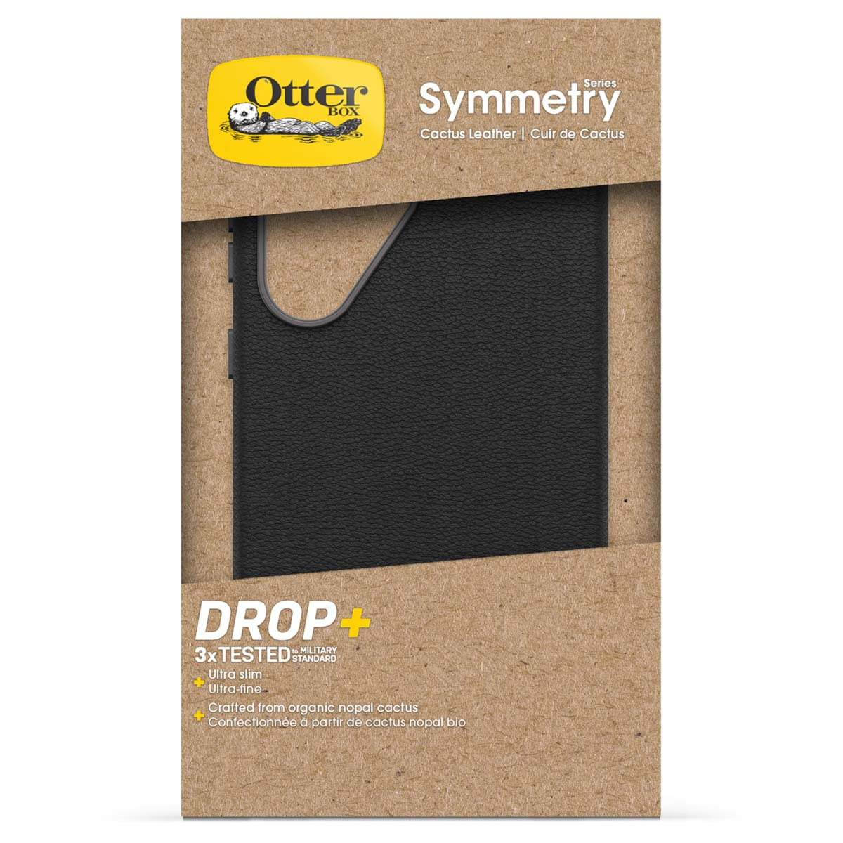 Coque OtterBox Symmetry noire, cuir de cactus, testée contre les chutes.
