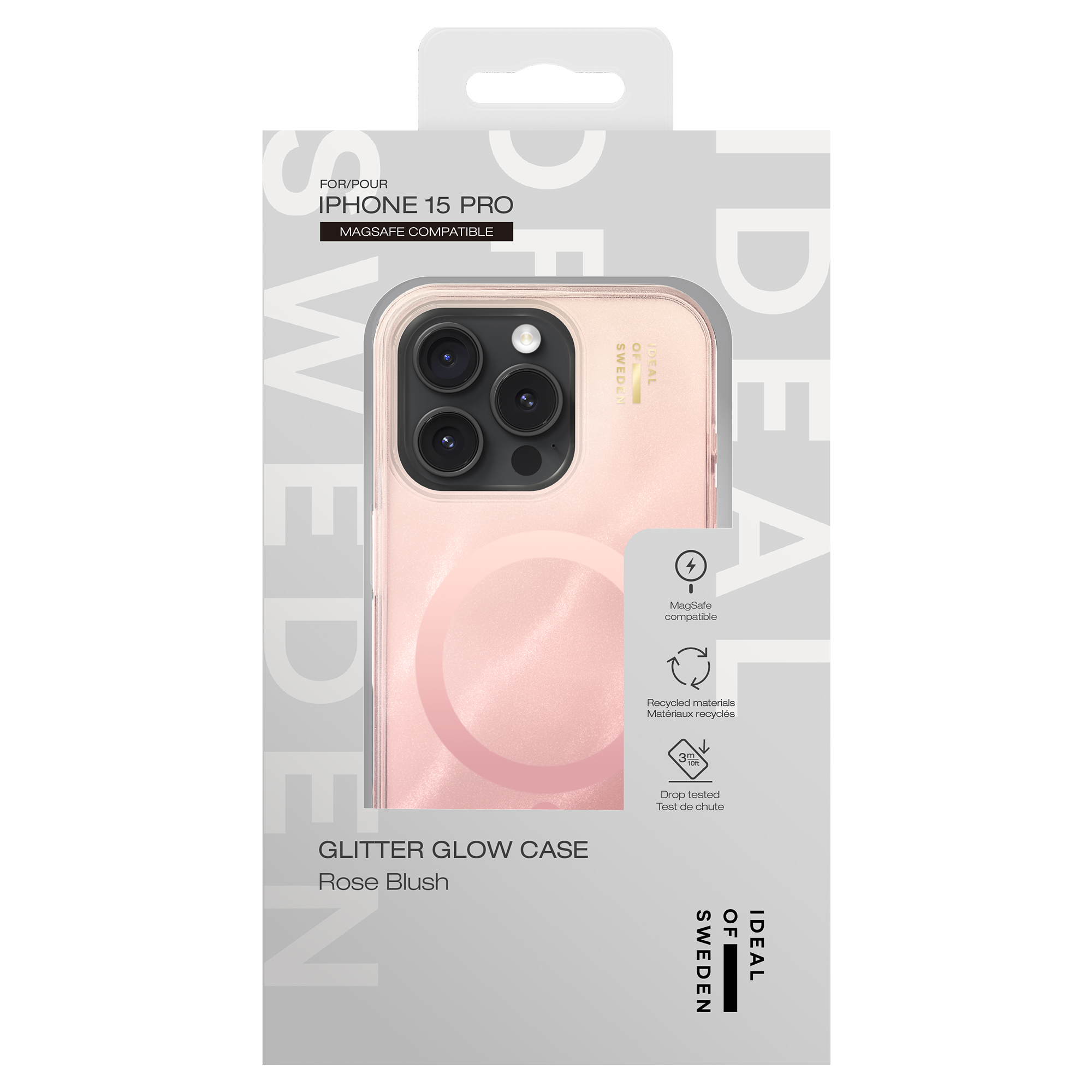 Verpackung für eine rosafarbene iPhone 15 Pro Hülle mit MagSafe-Kompatibilität.
