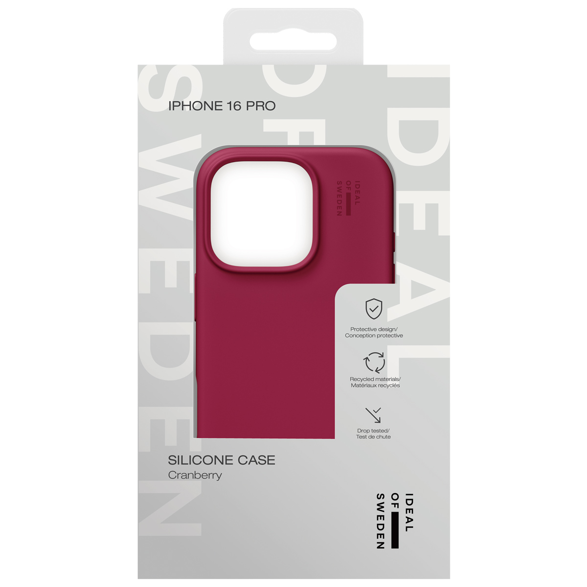 Verpackung für eine dunkelrote iPhone 16 Pro Hülle aus Silikon von Ideal of Sweden.