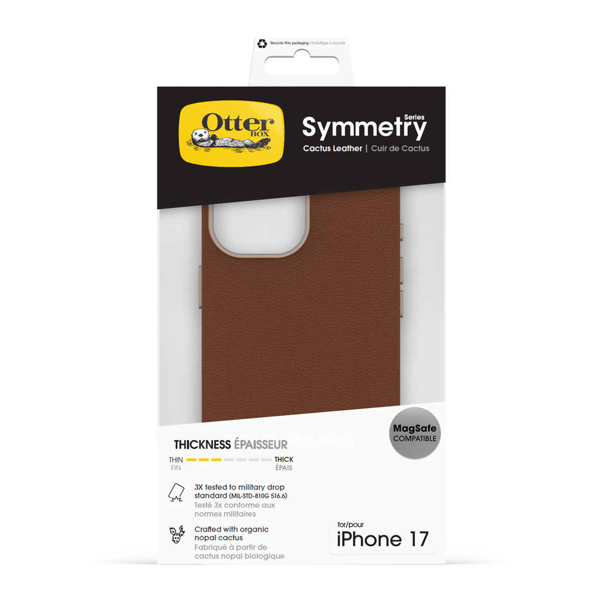 Custodia Otterbox Symmetry in pelle marrone per iPhone 17, compatibile MagSafe.